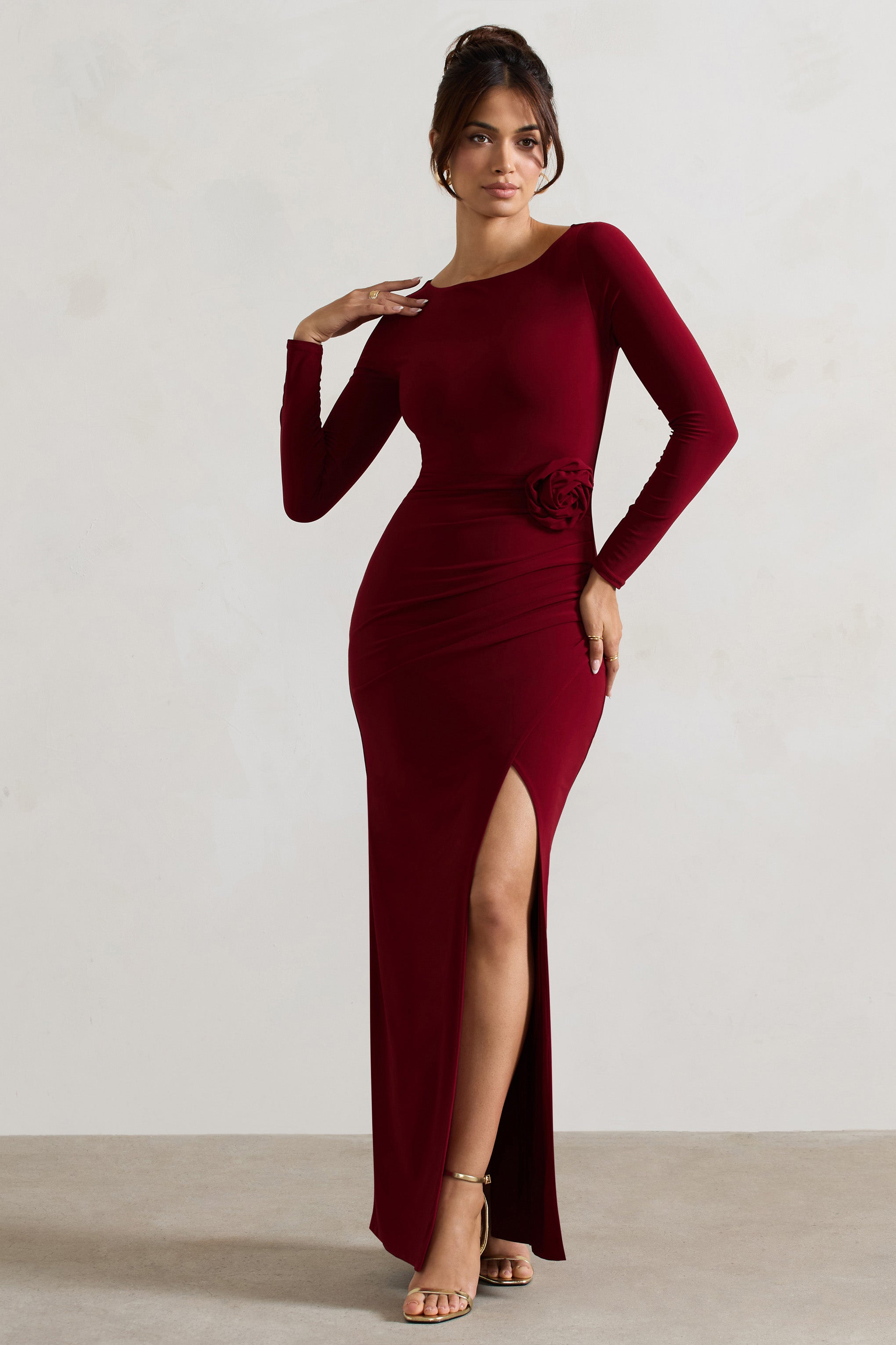Makayla Berry Long-Sleeve Wrap Maxi Dress With Corsages
