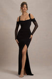 Milana Black Square-Neck Draped Wrap Maxi Dress With Long Sleeves