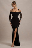 Milana Black Square-Neck Draped Wrap Maxi Dress With Long Sleeves