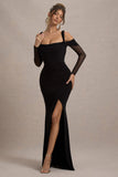 Milana Black Square-Neck Draped Wrap Maxi Dress With Long Sleeves