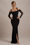 Milana Black Square-Neck Draped Wrap Maxi Dress With Long Sleeves
