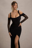 Milana Black Square-Neck Draped Wrap Maxi Dress With Long Sleeves