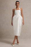 Cosetta White Halter-Neck Midi Dress With Tulip Skirt
