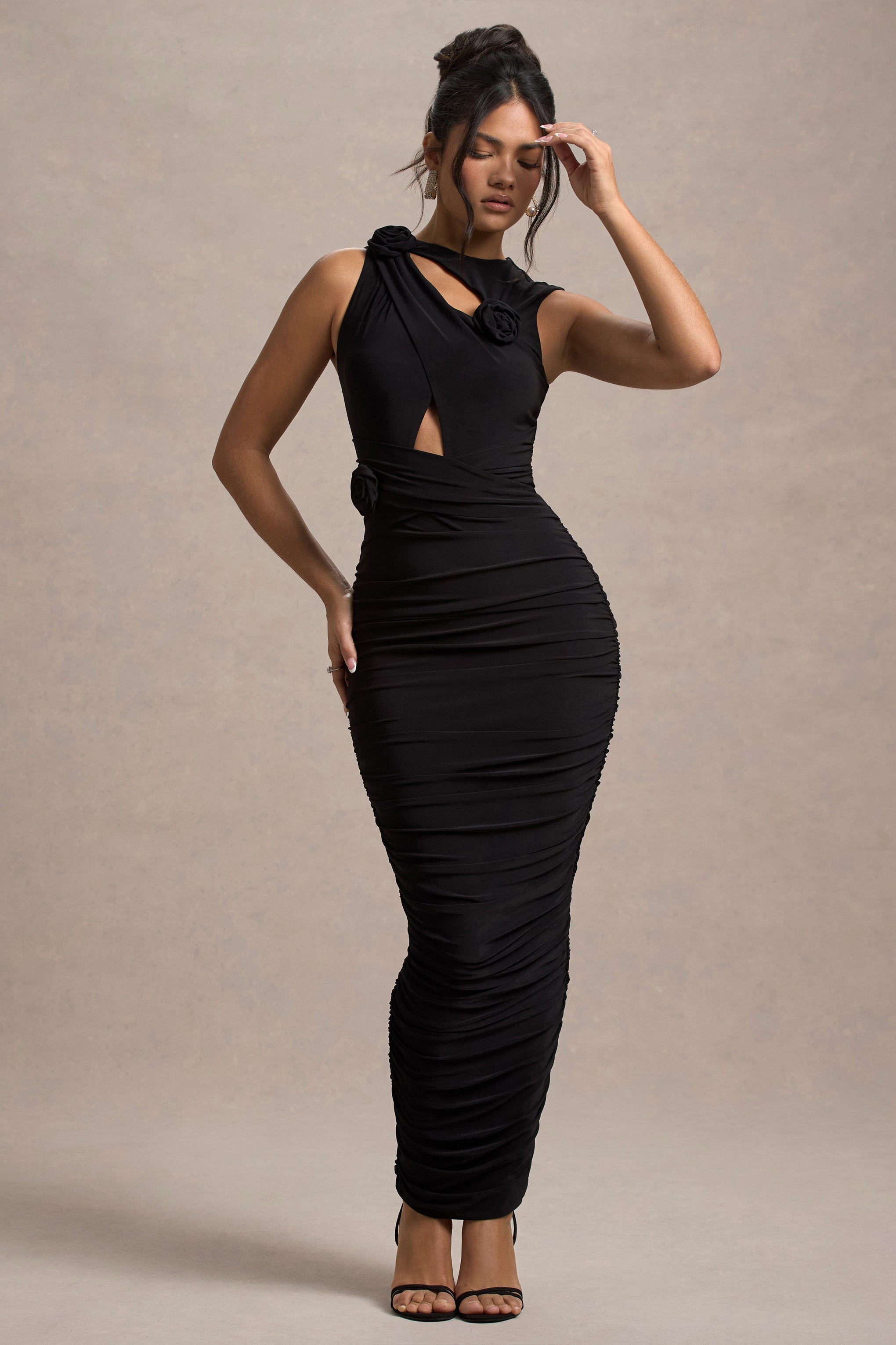 Audelia Black Cut-Out Maxi Dress With Floral Corsages