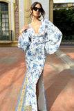 Casarile Blue Floral Print V-Neck Balloon Sleeve Maxi Dress