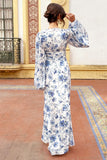 Casarile Blue Floral Print V-Neck Balloon Sleeve Maxi Dress