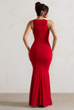 Maren Red Racer-Neck Gathered Maxi Dress With Drape