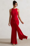 Maren Red Racer-Neck Gathered Maxi Dress With Drape