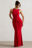 Maren Red Racer-Neck Gathered Maxi Dress With Drape