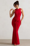 Maren Red Racer-Neck Gathered Maxi Dress With Drape