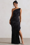 Zafra Black Polka Dot Asymmetric Ruffle Maxi Dress