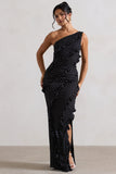 Zafra Black Polka Dot Asymmetric Ruffle Maxi Dress