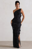 Zafra Black Polka Dot Asymmetric Ruffle Maxi Dress