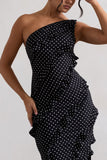Zafra Black Polka Dot Asymmetric Ruffle Maxi Dress