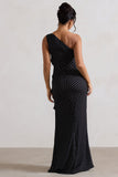 Zafra Black Polka Dot Asymmetric Ruffle Maxi Dress