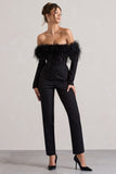Ales Black Bardot Tailored Straight-Leg Jumpsuit With Feather Trim