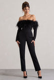 Ales Black Bardot Tailored Straight-Leg Jumpsuit With Feather Trim