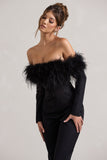 Ales Black Bardot Tailored Straight-Leg Jumpsuit With Feather Trim