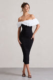 Olea Black & White Ruched Bardot Midi Dress With Flowers