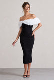 Olea Black & White Ruched Bardot Midi Dress With Flowers