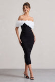 Olea Black & White Ruched Bardot Midi Dress With Flowers