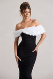 Olea Black & White Ruched Bardot Midi Dress With Flowers