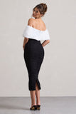 Olea Black & White Ruched Bardot Midi Dress With Flowers