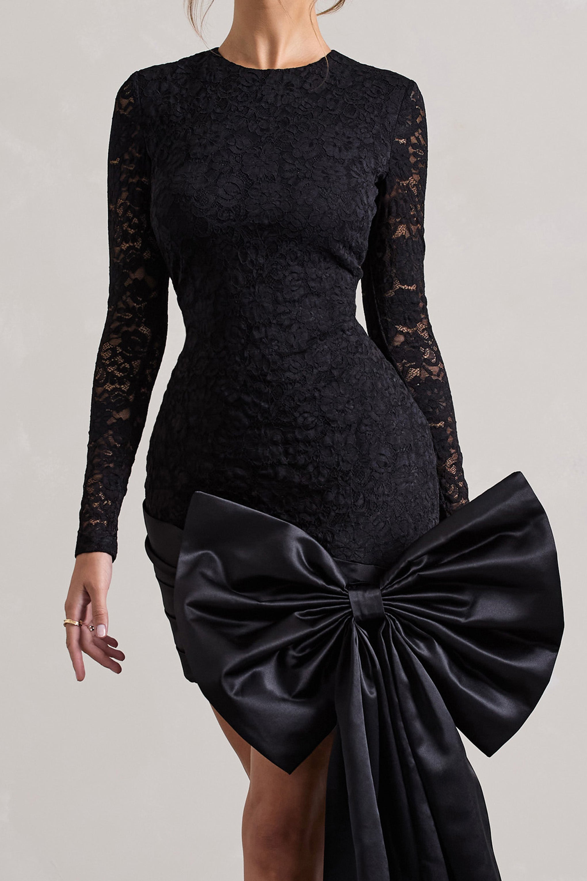 Evry Black Lace Long-Sleeve Mini Dress With Oversized Satin Bow