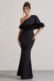 Valor Black Asymmetric Maxi Dress With Feather Trim