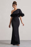 Valor Black Asymmetric Maxi Dress With Feather Trim