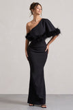 Valor Black Asymmetric Maxi Dress With Feather Trim
