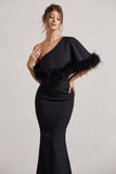 Valor Black Asymmetric Maxi Dress With Feather Trim