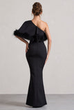 Valor Black Asymmetric Maxi Dress With Feather Trim