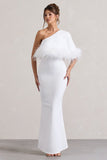 Valor White Asymmetric Maxi Dress With Feather Trim