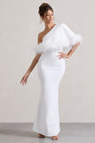 Valor White Asymmetric Maxi Dress With Feather Trim