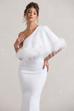 Valor White Asymmetric Maxi Dress With Feather Trim
