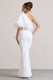 Valor White Asymmetric Maxi Dress With Feather Trim