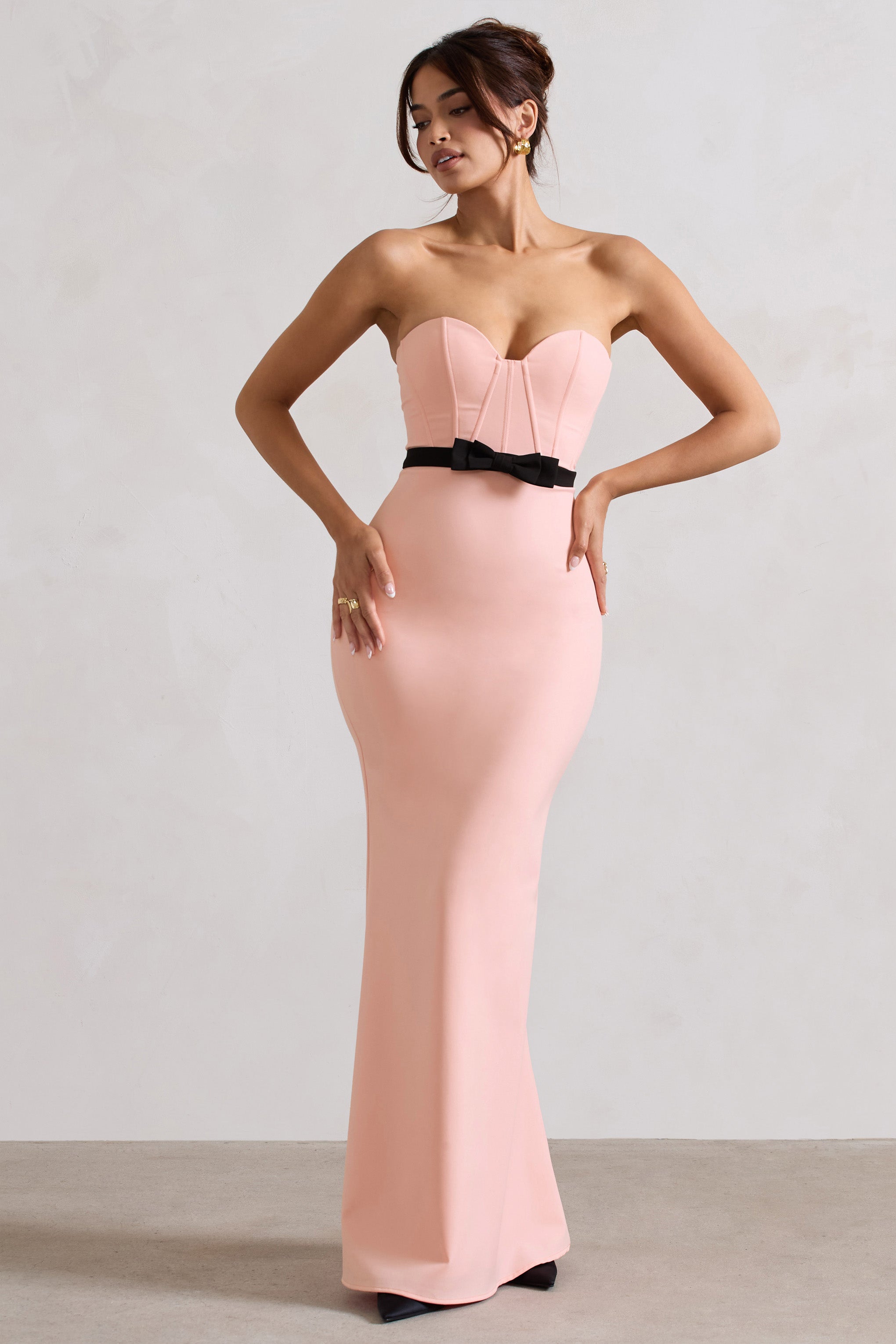 Albi Pink Structured Strapless Corset Maxi Dress With Bow