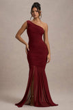 Bastia Burgundy Ruched Mesh Asymmetric Maxi Dress