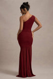Bastia Burgundy Ruched Mesh Asymmetric Maxi Dress