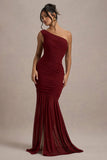 Bastia Burgundy Ruched Mesh Asymmetric Maxi Dress