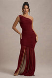 Bastia Burgundy Ruched Mesh Asymmetric Maxi Dress