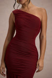 Bastia Burgundy Ruched Mesh Asymmetric Maxi Dress