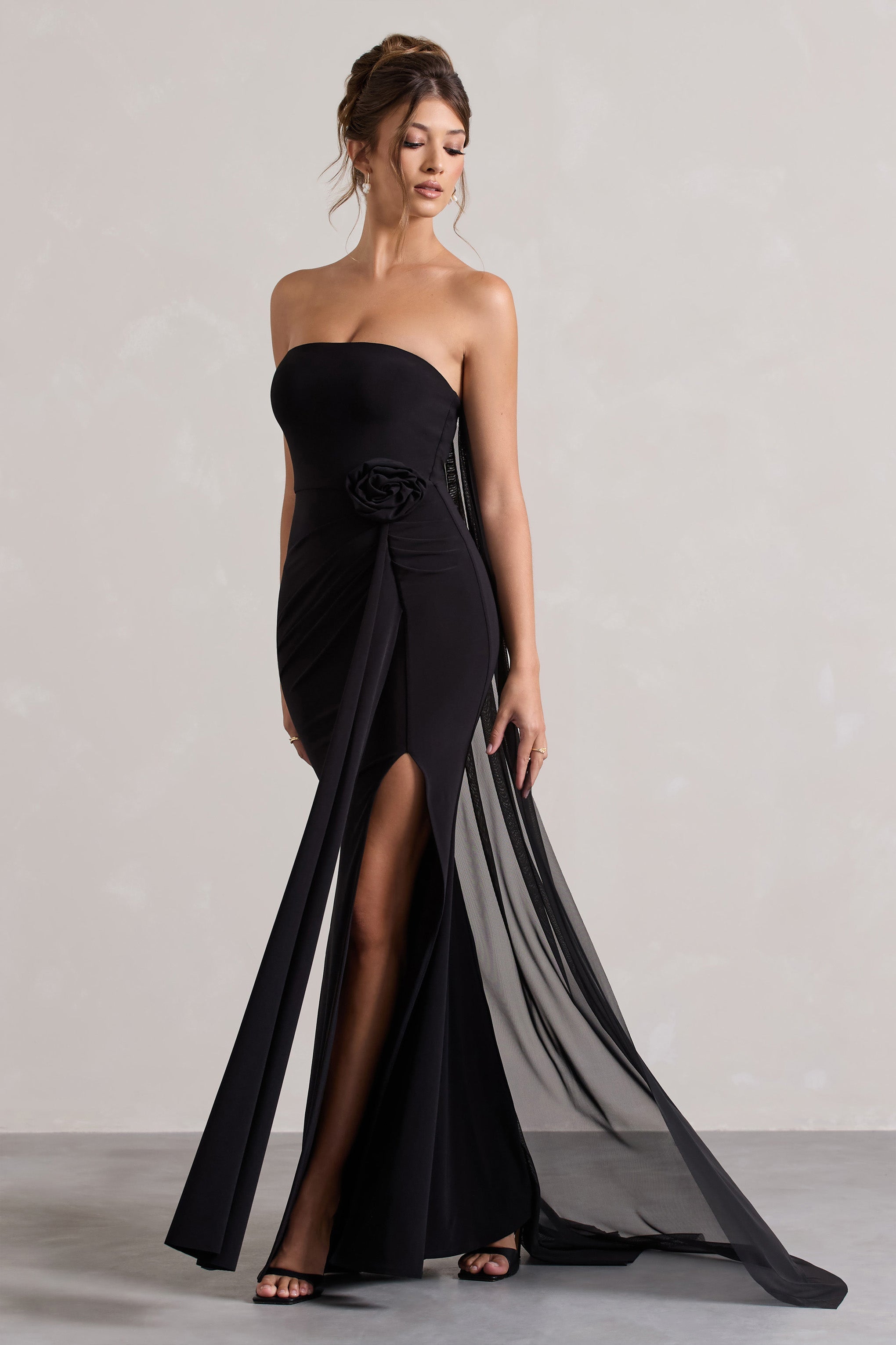 More To Come Black Strapless Wrap Cape Maxi Dress With Corsage