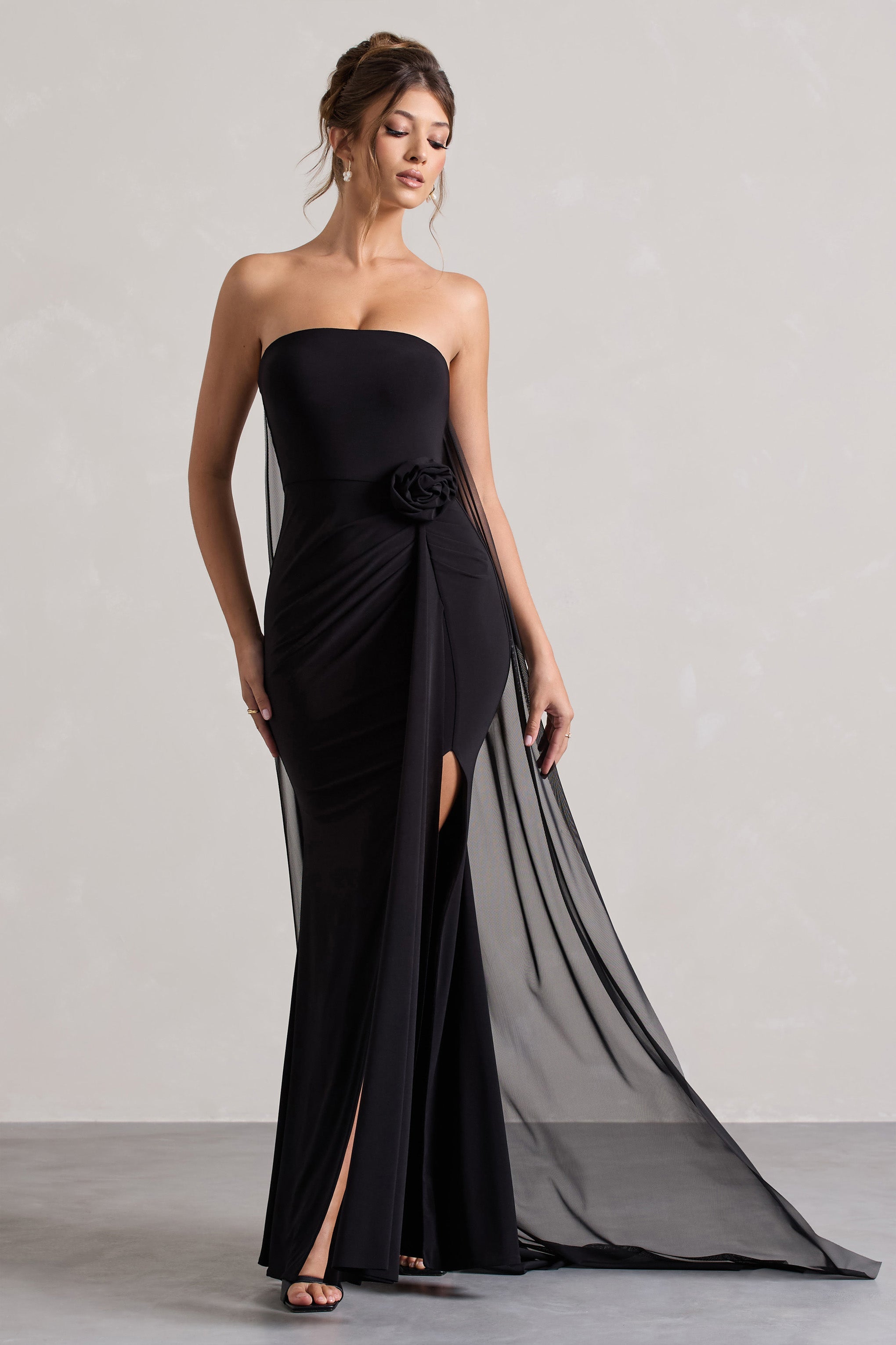 More To Come Black Strapless Wrap Cape Maxi Dress With Corsage