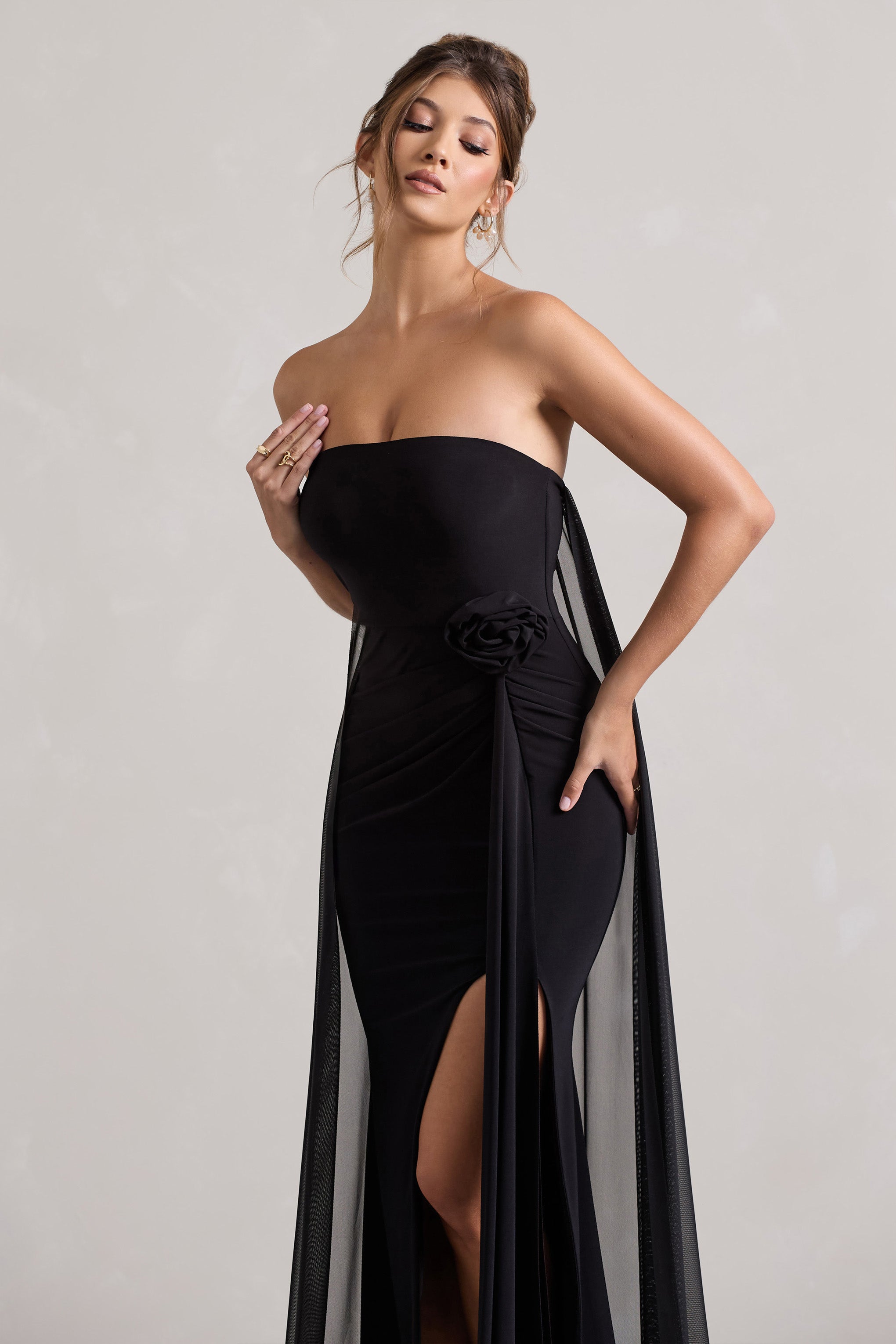 More To Come Black Strapless Wrap Cape Maxi Dress With Corsage