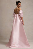 Wanting More Pink Satin Cape Maxi Dress With Oversized Bow