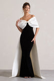 Wanting More Black & White Satin Cape Maxi Dress With Oversized Bow