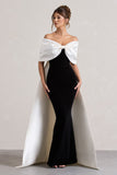Wanting More Black & White Satin Cape Maxi Dress With Oversized Bow