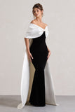 Wanting More Black & White Satin Cape Maxi Dress With Oversized Bow